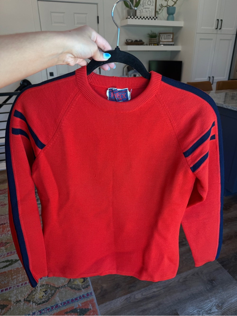 Phenix Red Crewneck Sweater with Navy Stripe Accents